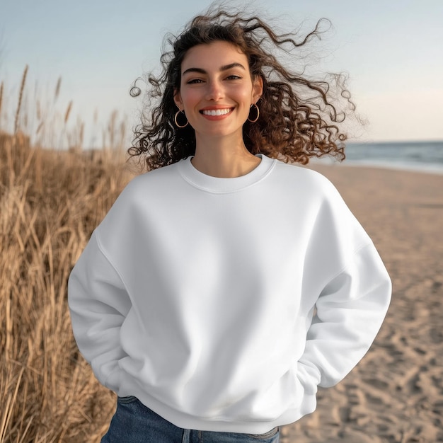 Women white oversized sweatshirt mockup Young model long sleeve tshirt mock up Womens Gildan