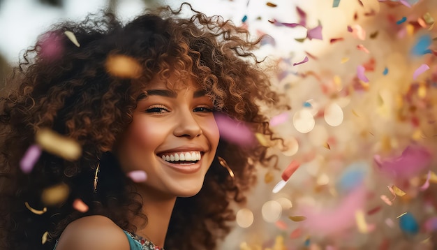 women with curly hair dancing in confetti at a party