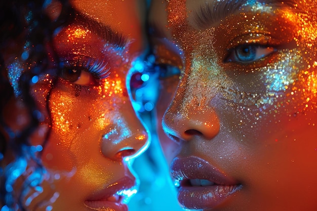 Women with glitter makeup face behind