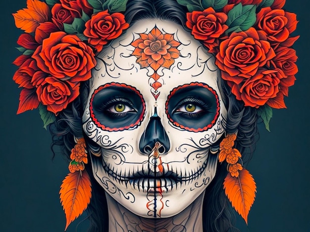 Women with makeup face tattoos Halloween for the celebration of the dead Dia de Los generated by Ai