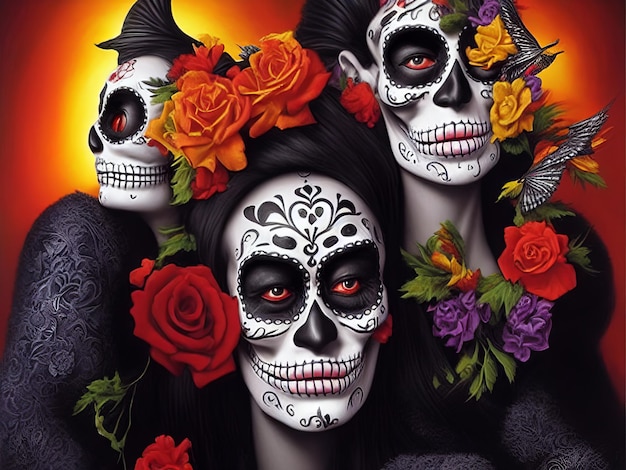 Women with makeup face tattoos halloween for the celebration of mexican festival day of the dead dia de los