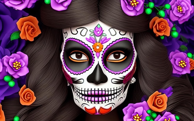 Women with makeup face tattoos halloween for the celebration of mexican festival day of the dead dia de los