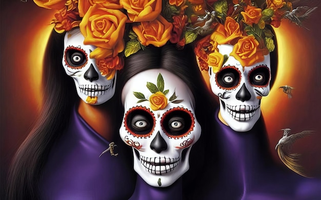 Women with makeup face tattoos halloween for the celebration of mexican festival day of the dead dia de los