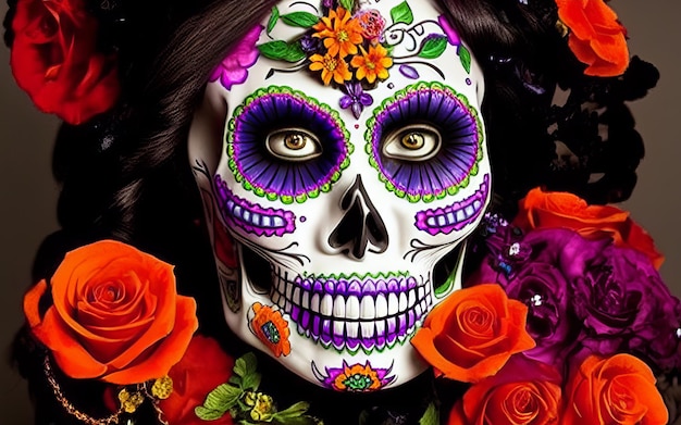 Women with makeup face tattoos halloween for the celebration of mexican festival day of the dead dia de los