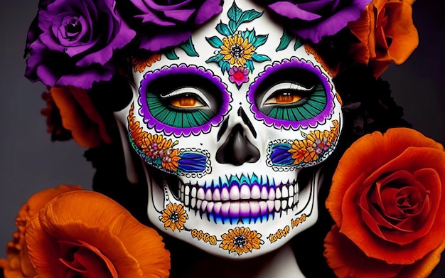 Women with makeup face tattoos halloween for the celebration of mexican festival day of the dead dia de los