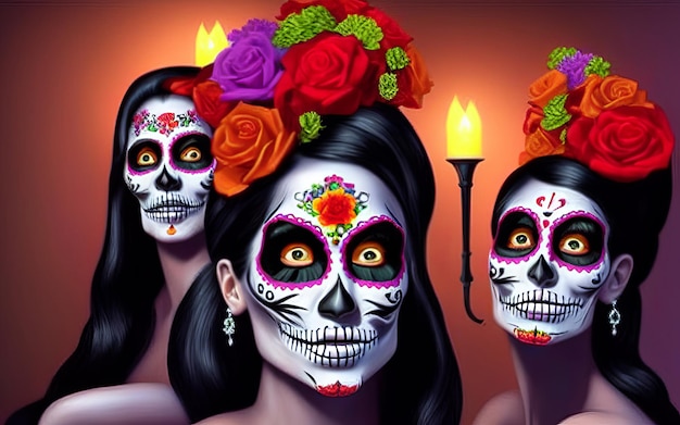 Women with makeup face tattoos halloween for the celebration of mexican festival day of the dead dia de los