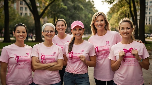 Photo women with pink breast cancer awareness are pictured