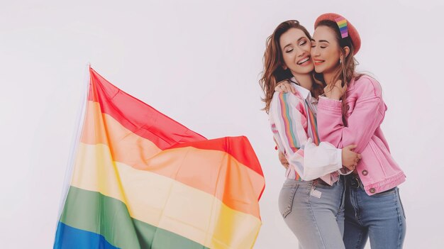 women with rainbow flag in the background