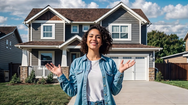 a women with a smile proudly standing in front of her house real estate concept