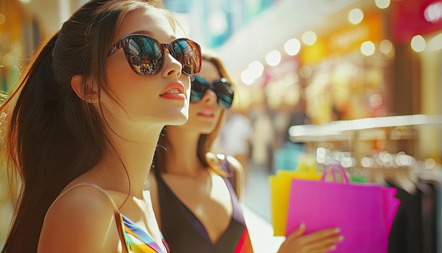 Photo women with sunglasses looking at a shopping mall