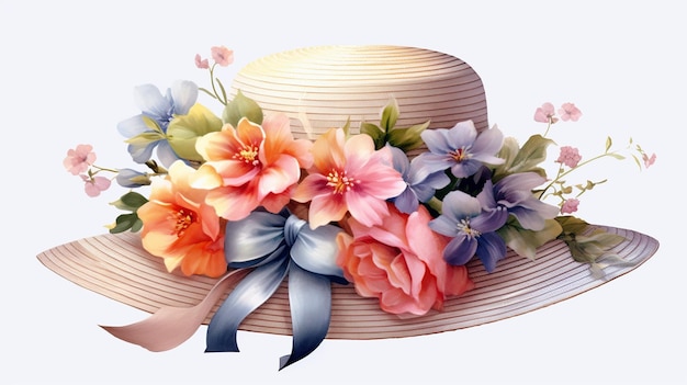 Women39s hat with a bouquet of flowers on a white background