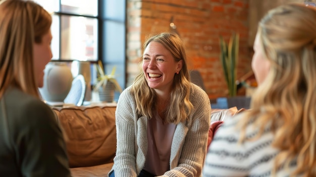 Photo womenled business team in a casual meeting sharing insights and laughing in a cozy office setting