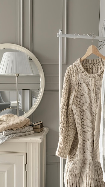 Photo a womens clothing rack in neutral colors juxtaposed with an oval mirror and a white chest adorned with lamps