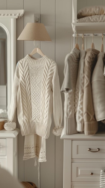 a womens clothing rack in neutral colors juxtaposed with an oval mirror and a white chest adorned with lamps