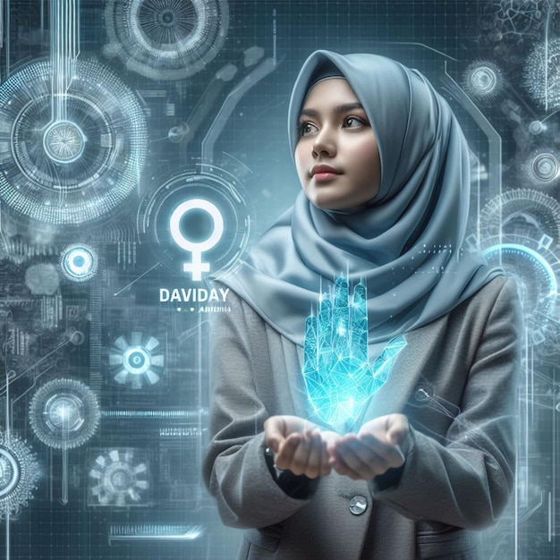 Womens Day concept featuring a woman in a hijab as a trailblazer in technology or innovation