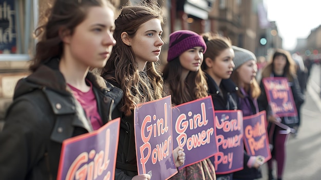 Womens Day march women holding Girl Power signs and banners