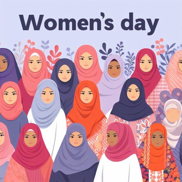 Womens Day visual with a focus on diversity showcasing women in hijabs from various ethnic backgro