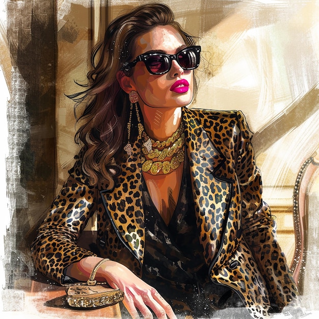 womens day woman in a leopard print jacket and sunglasses talking on a cell phone exquisite digital illustration