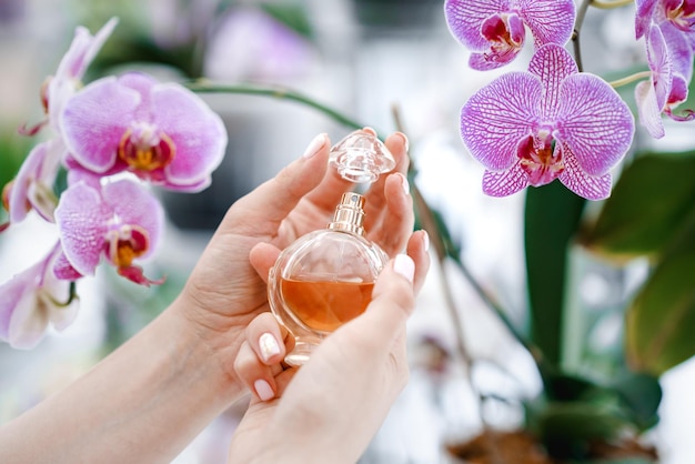 Womens hands hold a bottle of perfume elegance and luxury toilet water among orchids cosmetics