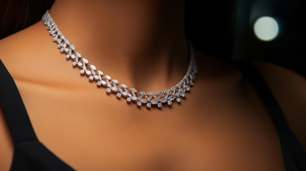 Womens neck close up with a diamond necklace