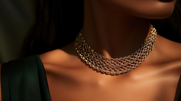 Womens neck close up with a gold chain necklace