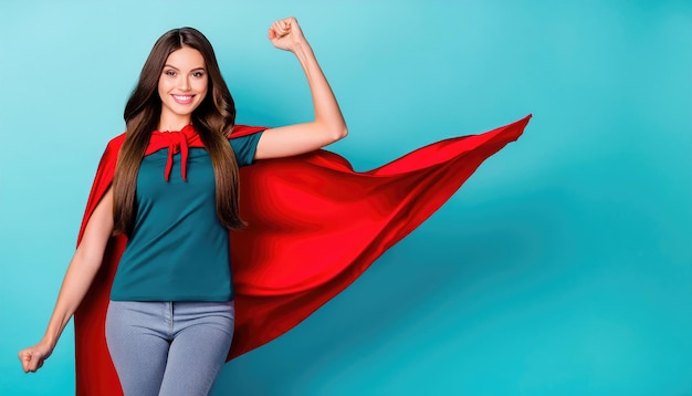 Womens power and people concept happy woman in red superhero cape over blue background