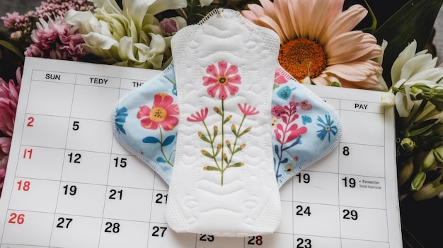 Photo womens sanitary napkins for the menstrual period decorated with flowers on the background of the c