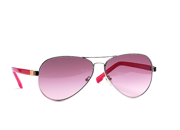 womens sunglasses in thin metal frame and pink glass on white surface