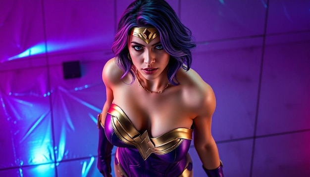 Wonder Woman sexy girl in costume cosplay colored backgrounds