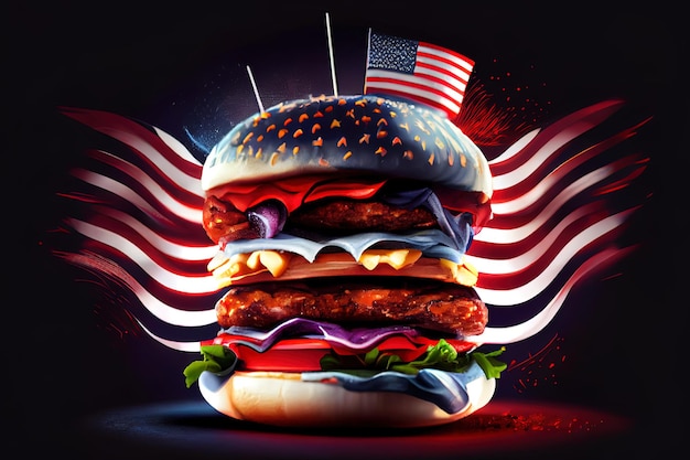 Wonderful a big burger with three juicy beef patties bonded with American flag firework skewers