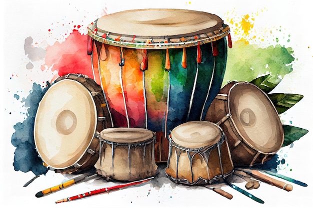 Wonderful Board of ethnic drums of latin america watercolor illustration on white Generative Ai