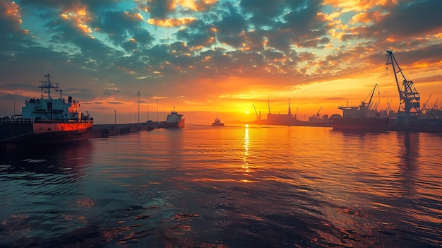 Photo wonderful boats in the harbor at sunset