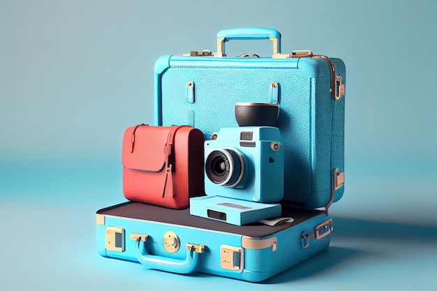 Wonderful Camera with traveling suitcase and travel accessories on blue background wanderlust and travel concept flat lay 3d rendering Generative Ai