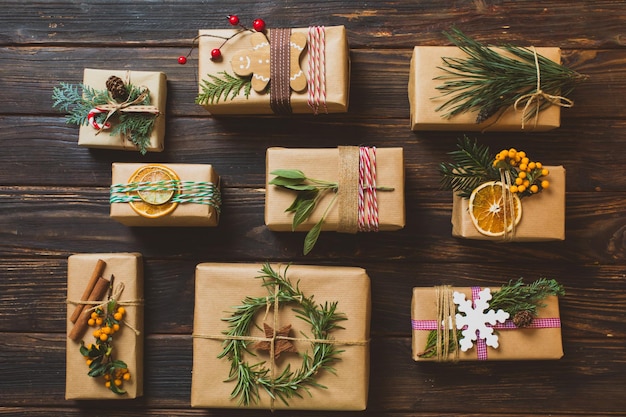 The wonderful Christmas presents wrapped in kraft paper with copy space