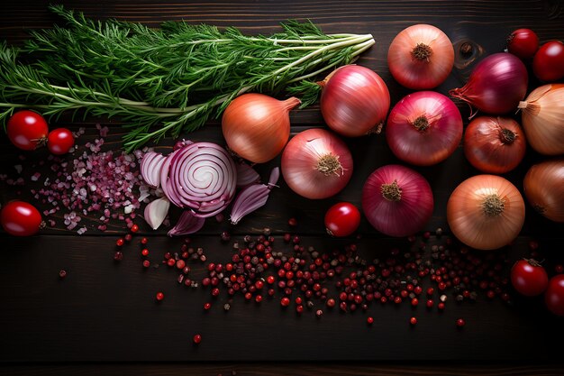 Wonderful combination of onion tree and onion with slice on a dark wooden background