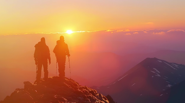 Wonderful Cooperation camaraderie hiking mutual trust support silhouette in the mountains