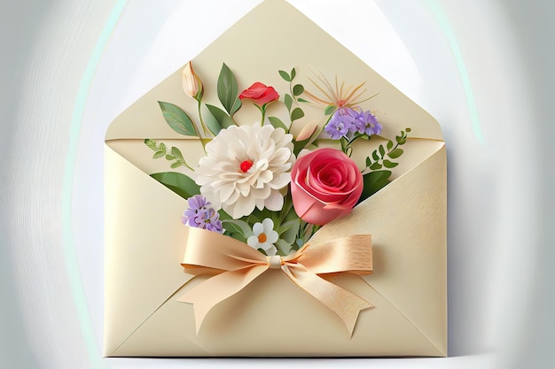 Wonderful Envelope with flowers and 8 made of ribbon on white background Generative Ai