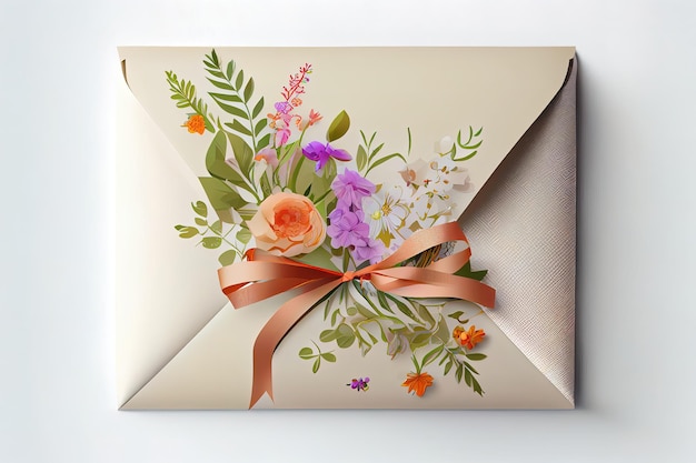 Wonderful Envelope with flowers and 8 made of ribbon on white background Generative Ai