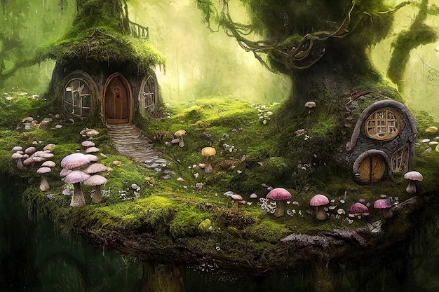 Wonderful fairy tale house on a hill in a magical morning forest. A forest fairy tale concept.