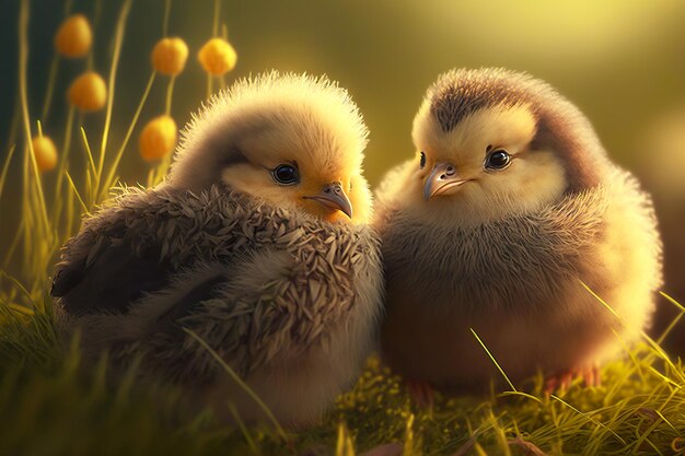 Wonderful fluffy chicks sit on grass in sunny clearing