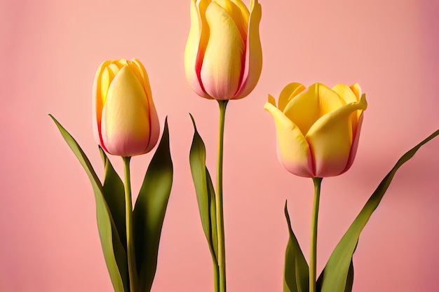 Wonderful Fresh yellow tulips on a pink background in the middle background is matching color Generative Ai