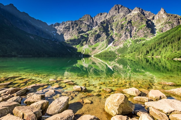 Wonderful lake in the mountains at sunrise Poland Europe