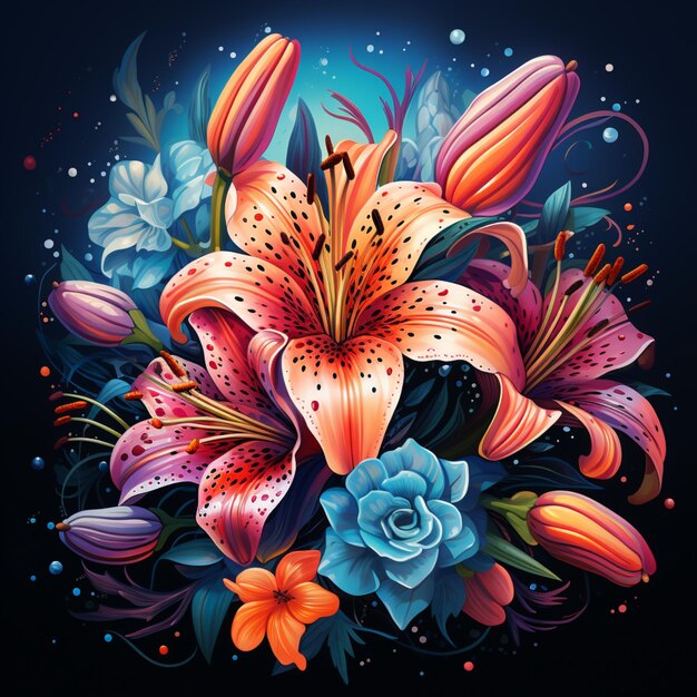 Wonderful lily colorful flowers illustration photo Generative AI