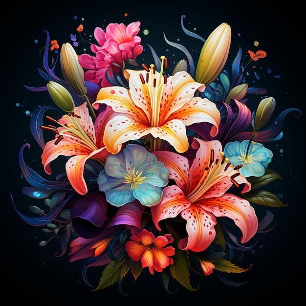 Wonderful lily colorful flowers illustration photo Generative AI