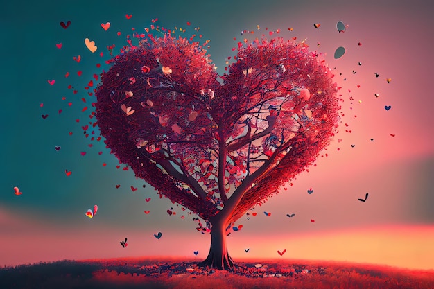 Wonderful Love tree with flying hearts