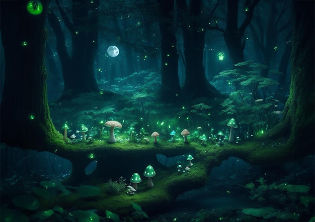 Wonderful magical mushroom forest glowing at night