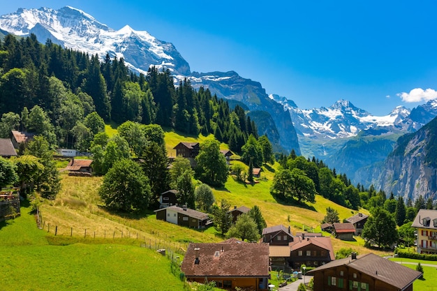 Wonderful mountain car-free village Wengen, Bernese Oberland, Switzerland. The Jungfrau is visible in the background