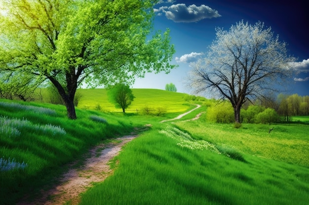 Wonderful nature panorama with bright green grass on spring day