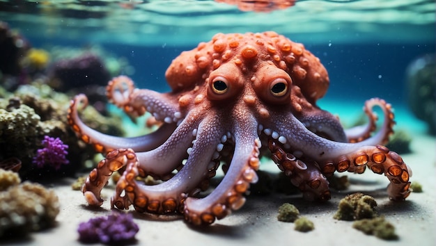 Wonderful ocean underwater full of colors and corals with a very cute and detailed octopus