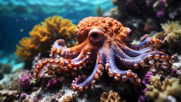 Wonderful ocean underwater full of colors and corals with a very cute and detailed octopus